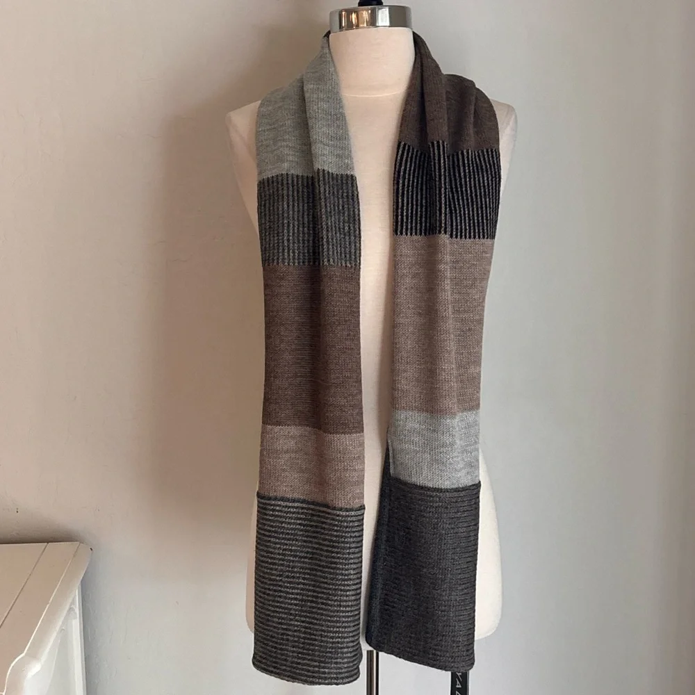 Yala Soft Multicolor Block Print Knit Scarf Alpaca Brown Gray Tan, 11x62, NWT
